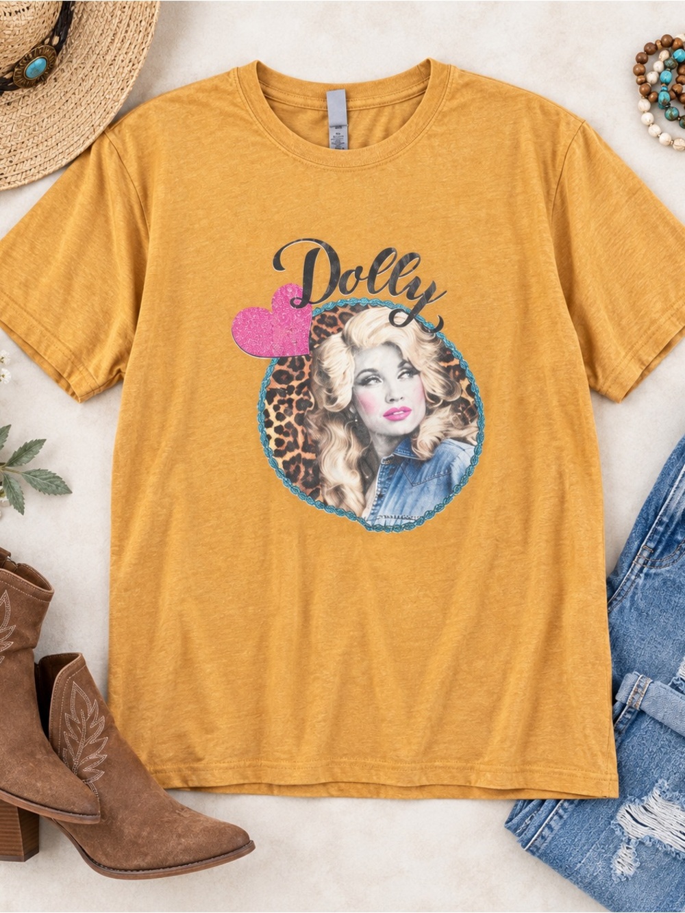 Dolly Graphic Tee in Mustard with Pink Accent XL